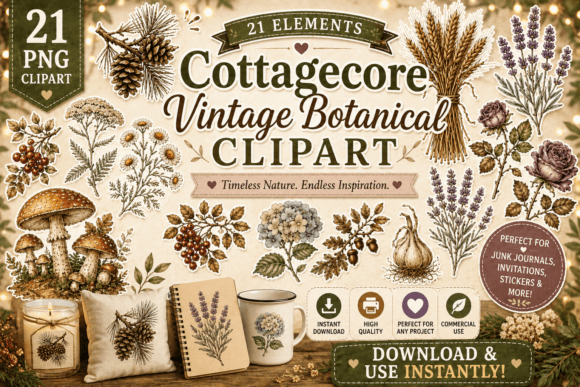 Download Cottagecore Vintage Botanical Clipart - Botanic Collection
