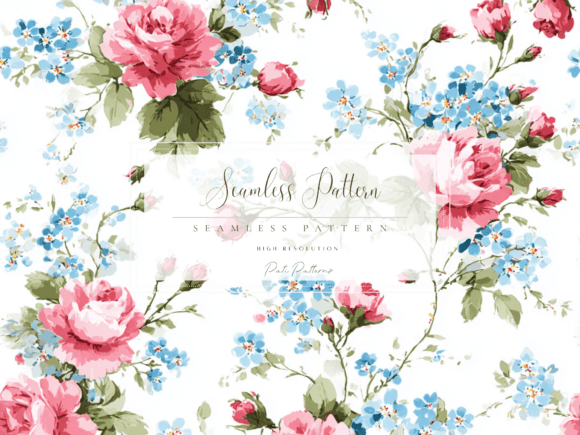 Download Vintage Pink Roses and Blue Forget-Me-Not Seamless Floral Pattern PNG - Floral pattern Collection